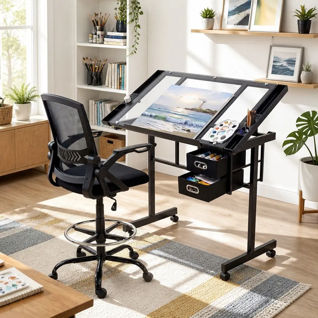 Drawing Desk and Drafting Chair Set with Glass Top