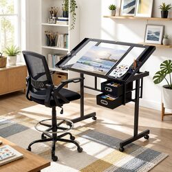 Stylish Drawing Desk and Drafting Chair Set with Glass Top