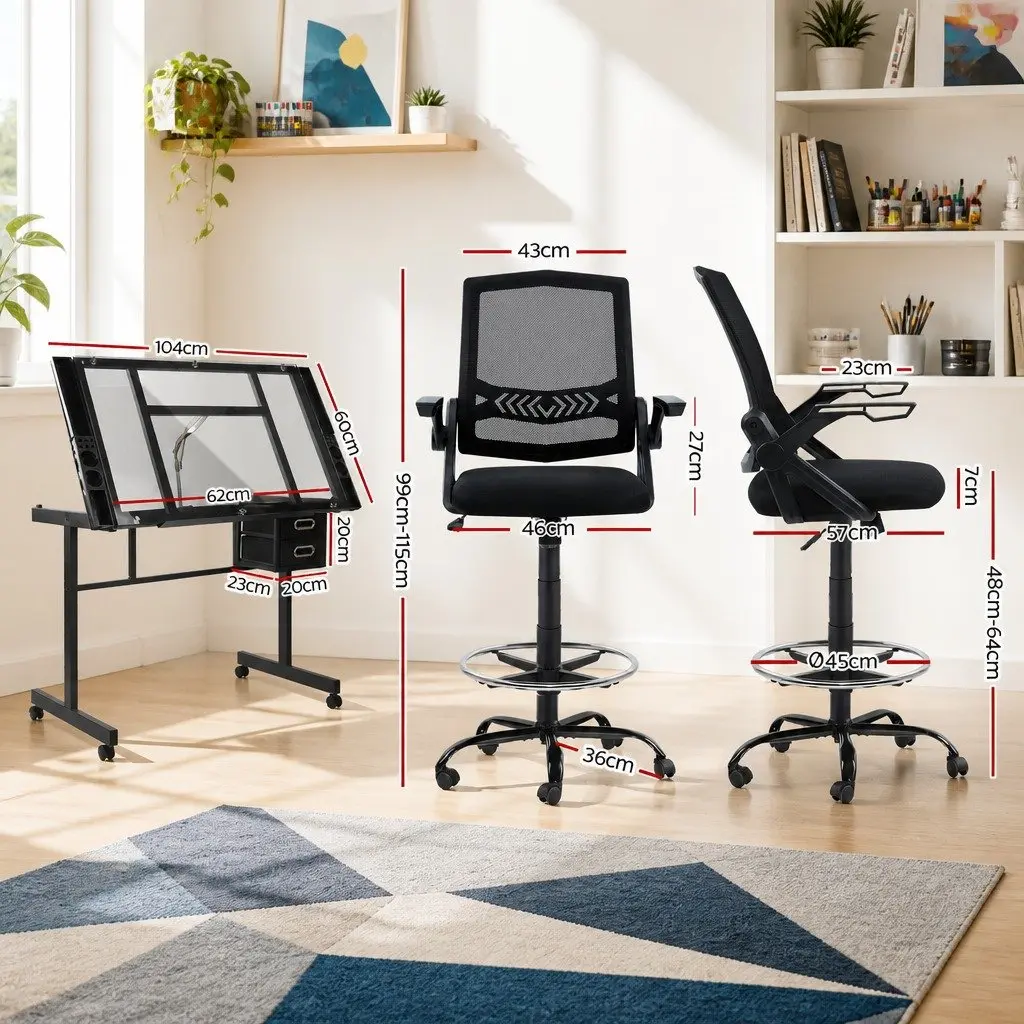Drawing Desk and Drafting Chair Set with Glass Top