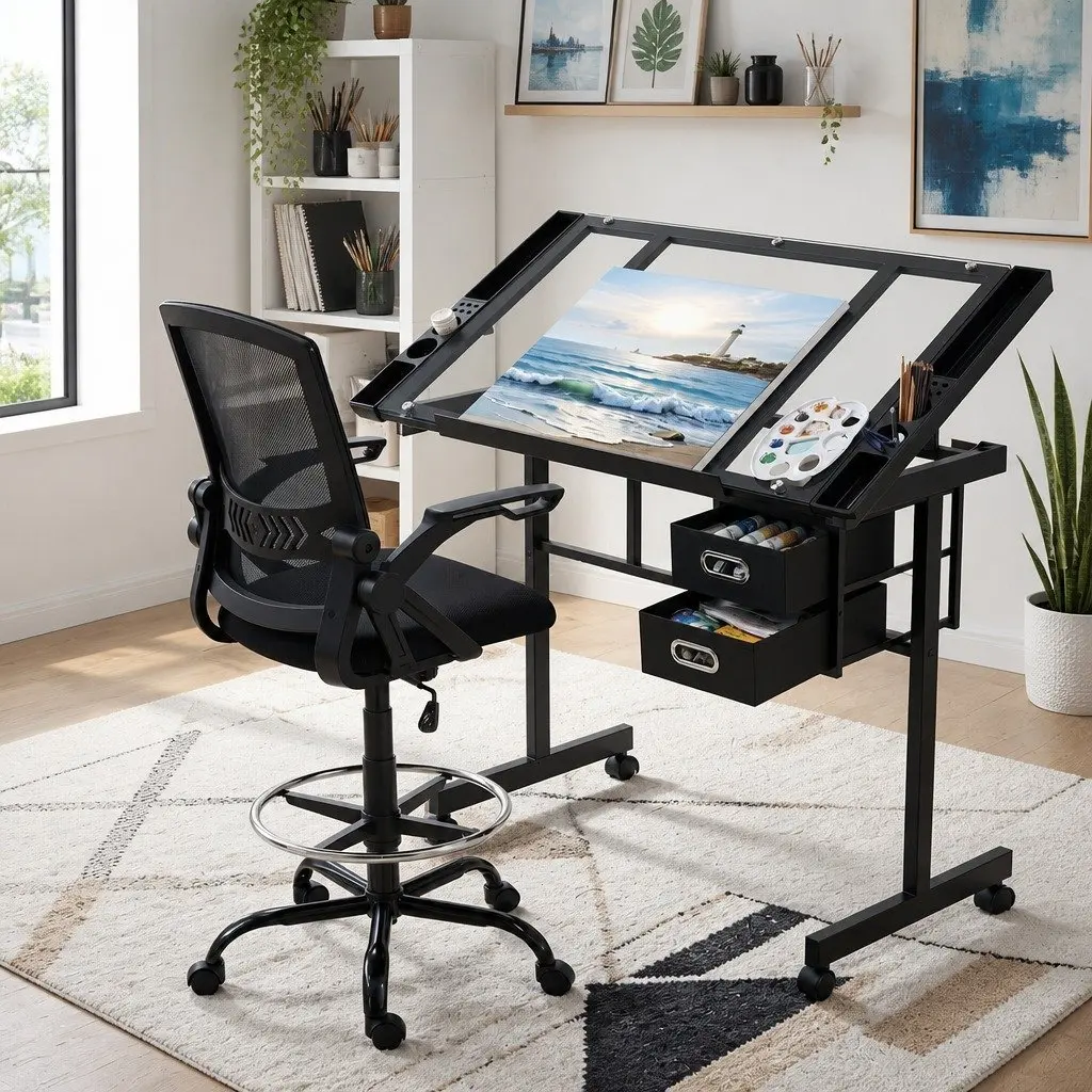 Drawing Desk and Drafting Chair Set with Glass Top