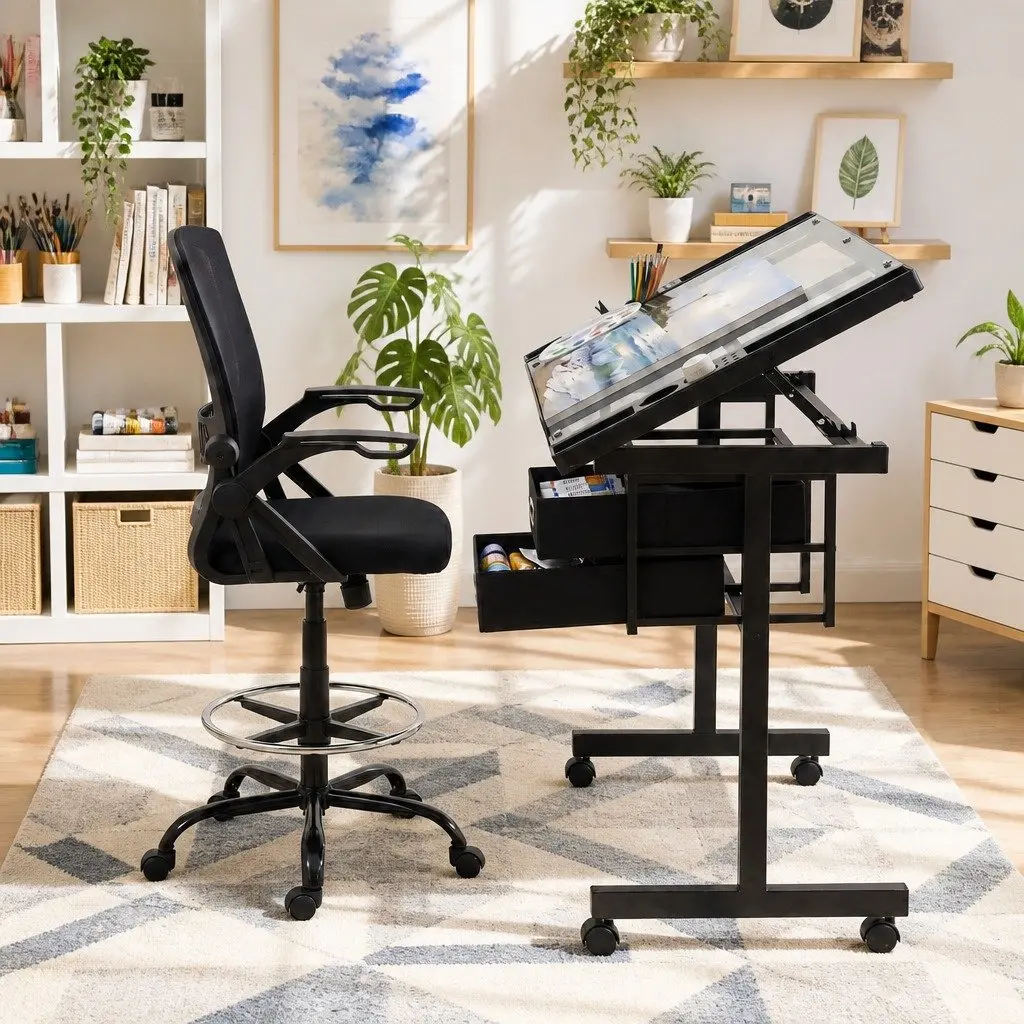 Drawing Desk and Drafting Chair Set with Glass Top