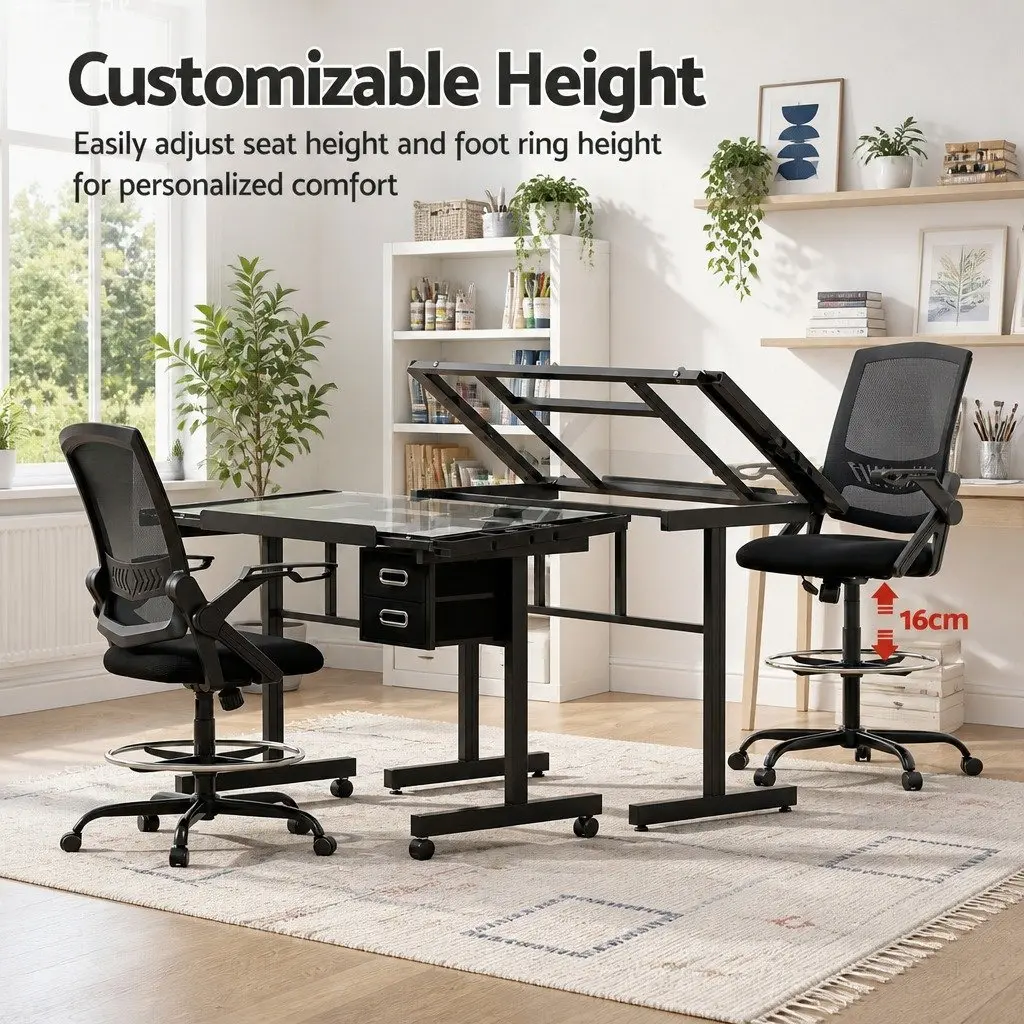 Drawing Desk and Drafting Chair Set with Glass Top