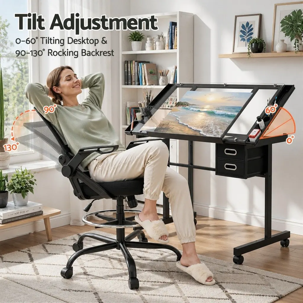 Drawing Desk and Drafting Chair Set with Glass Top
