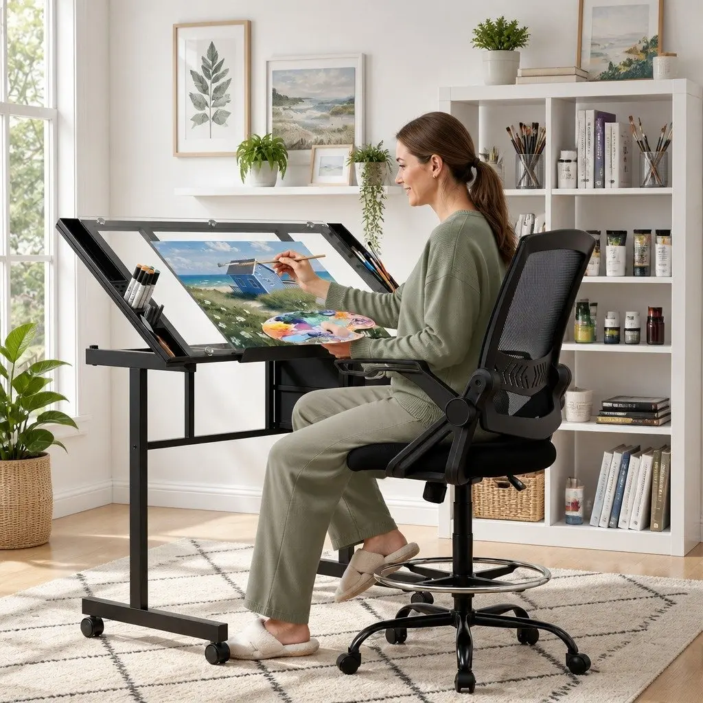 Drawing Desk and Drafting Chair Set with Glass Top