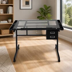 Adjustable Drawing Desk with Glass Top and Storage Trays
