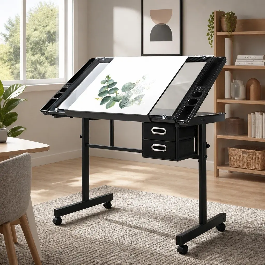 Adjustable Drawing Desk with Glass Top and Storage Trays