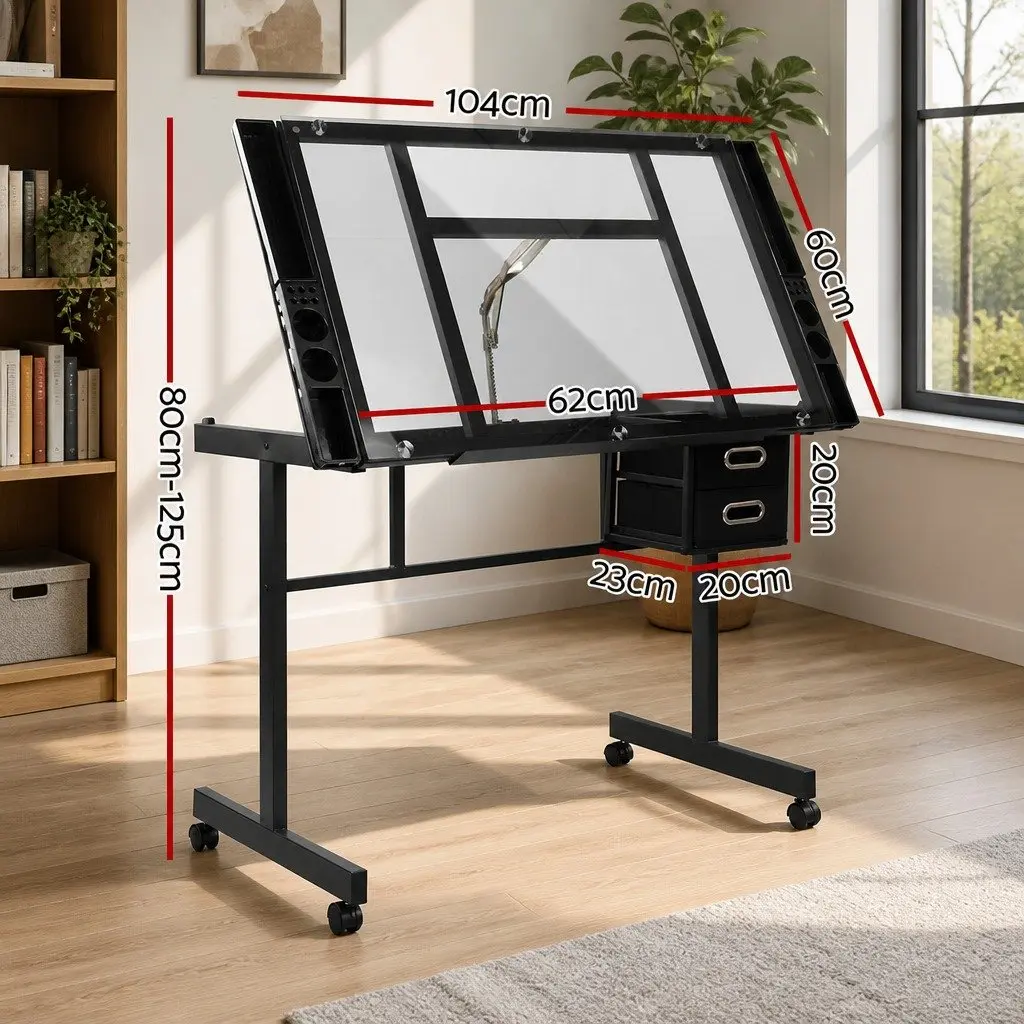 Adjustable Drawing Desk with Glass Top and Storage Trays