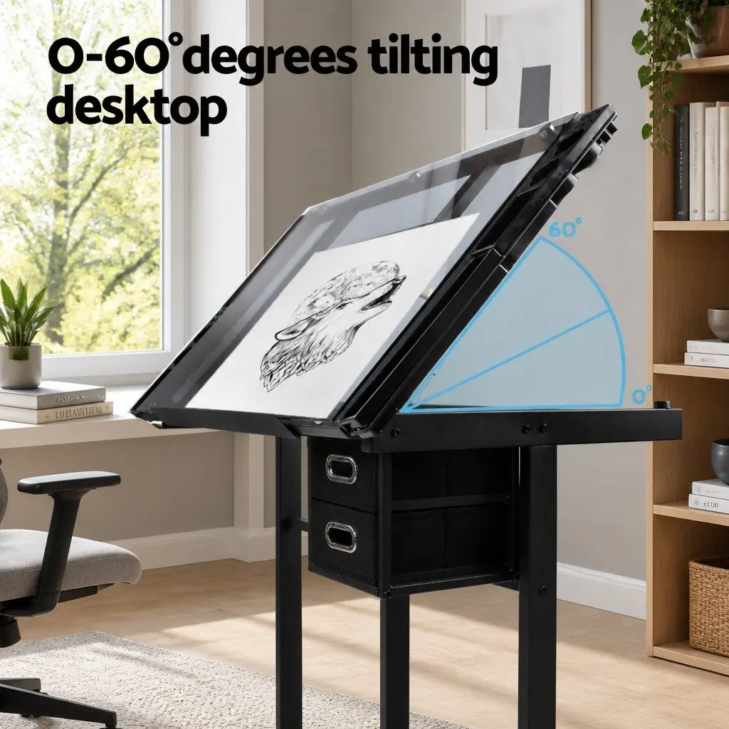 Adjustable Drawing Desk with Glass Top and Storage Trays