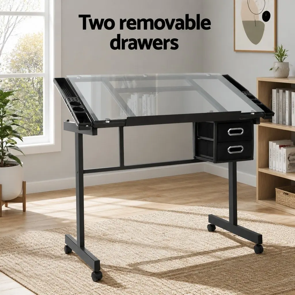 Adjustable Drawing Desk with Glass Top and Storage Trays