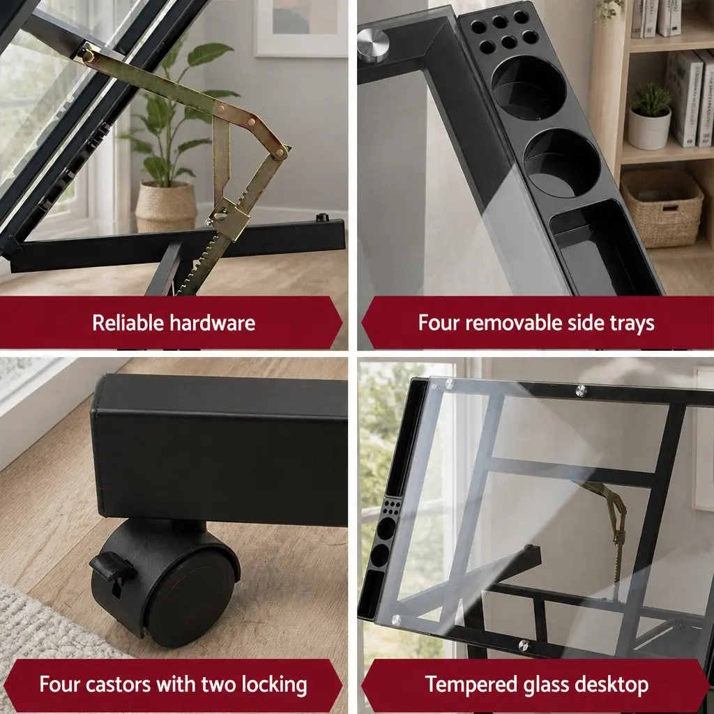 Adjustable Drawing Desk with Glass Top and Storage Trays