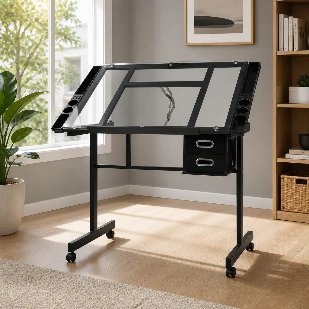 Adjustable Drawing Desk with Glass Top and Storage Trays