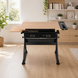 Natural Black Drafting Table with Tilt Top and Stool Set