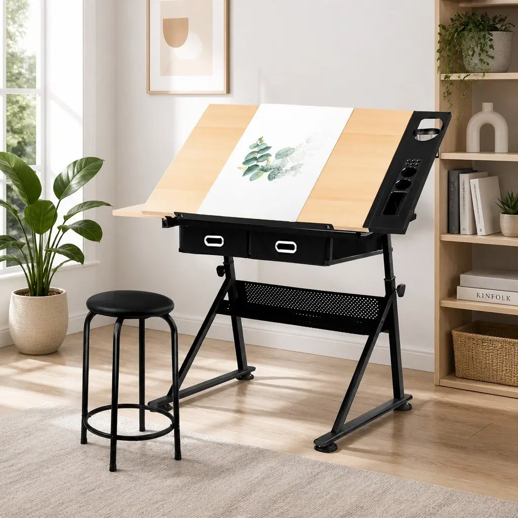 Natural Black Drafting Table with Tilt Top and Stool Set