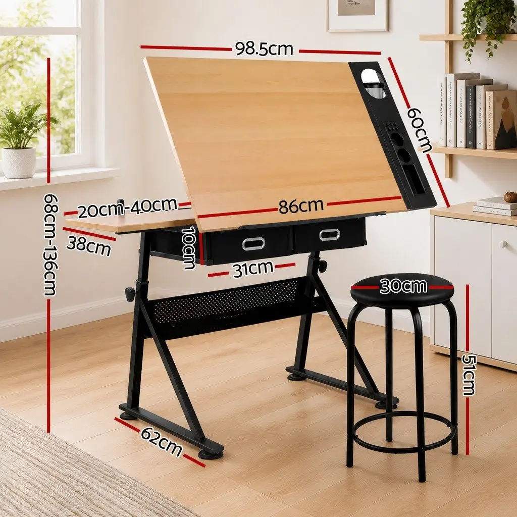 Natural Black Drafting Table with Tilt Top and Stool Set