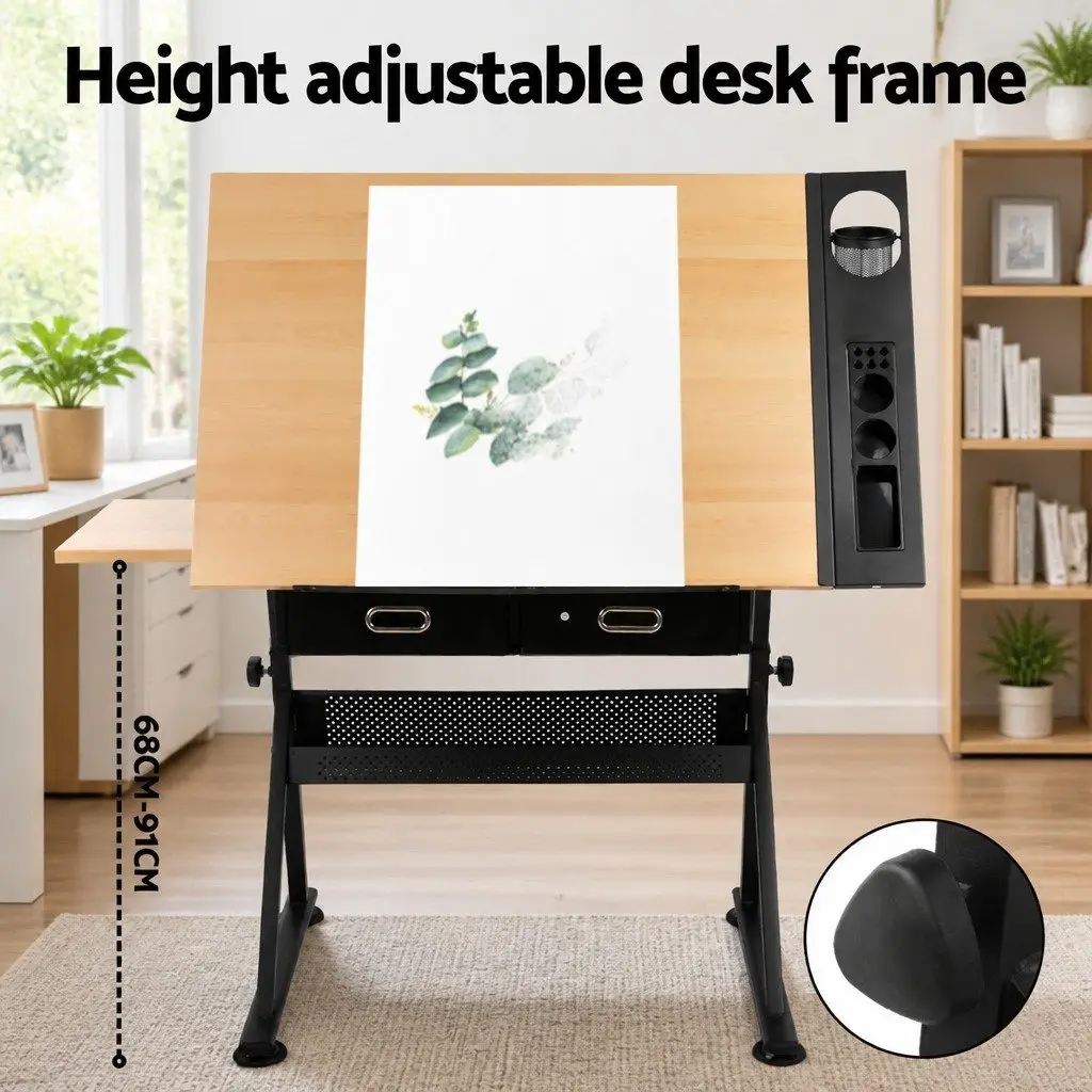 Natural Black Drafting Table with Tilt Top and Stool Set
