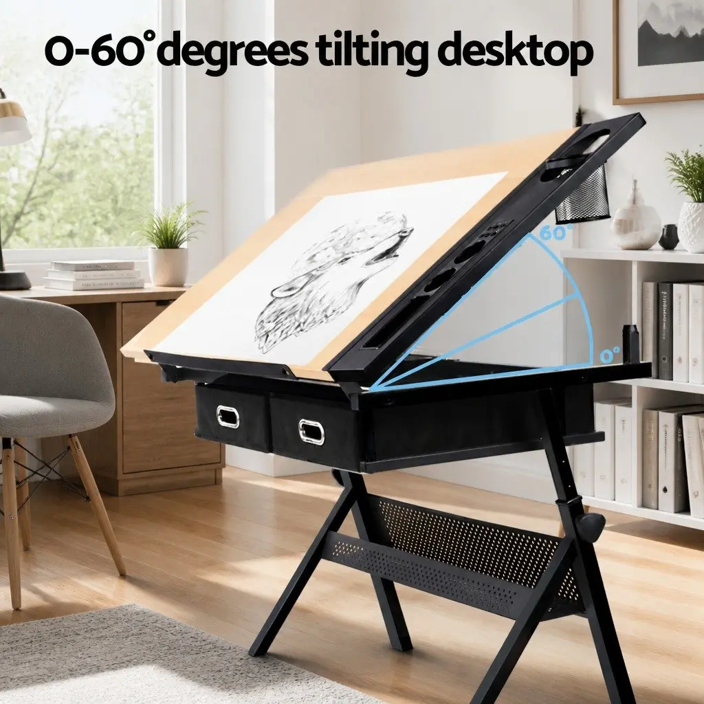 Natural Black Drafting Table with Tilt Top and Stool Set
