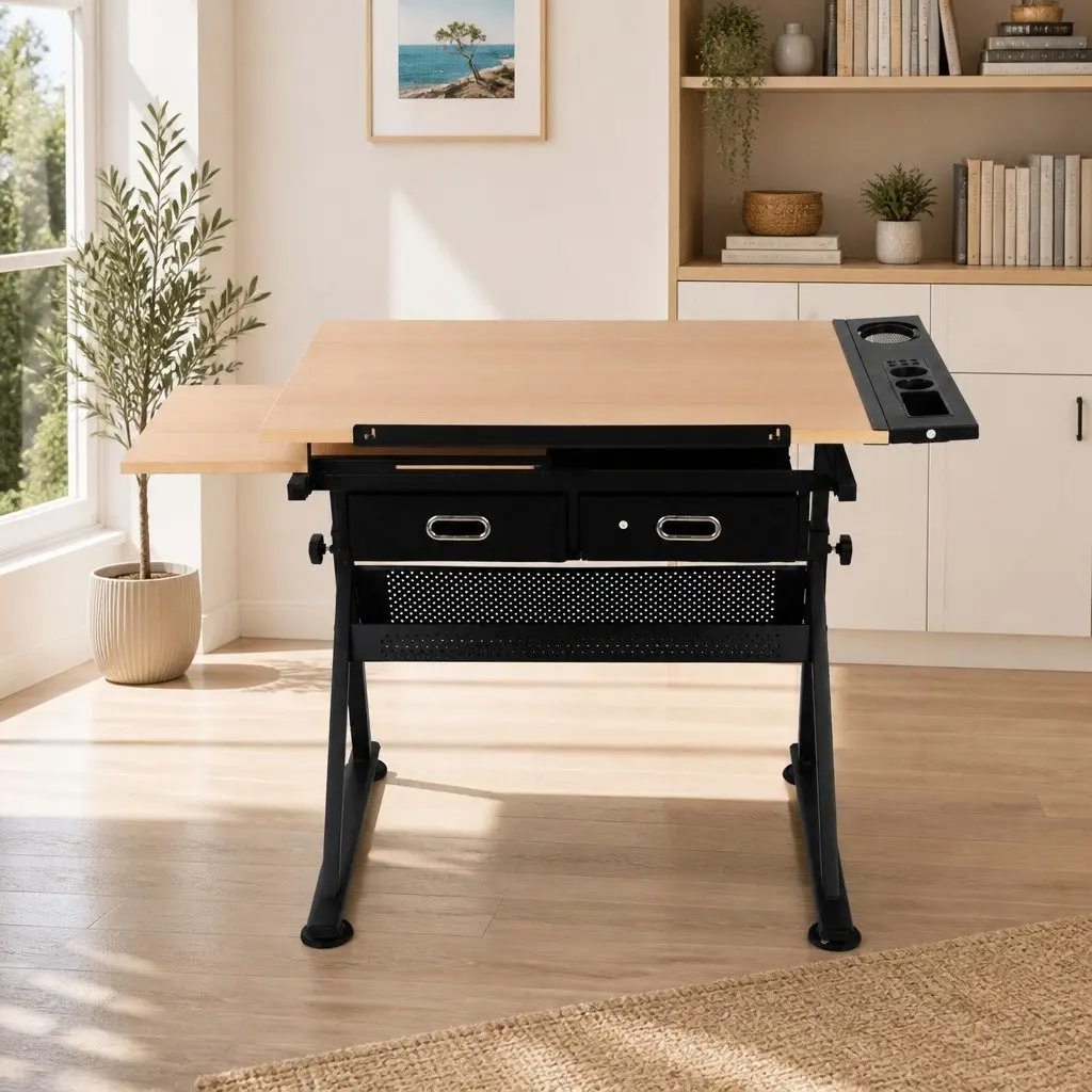 Natural Black Drafting Table with Tilt Top and Stool Set