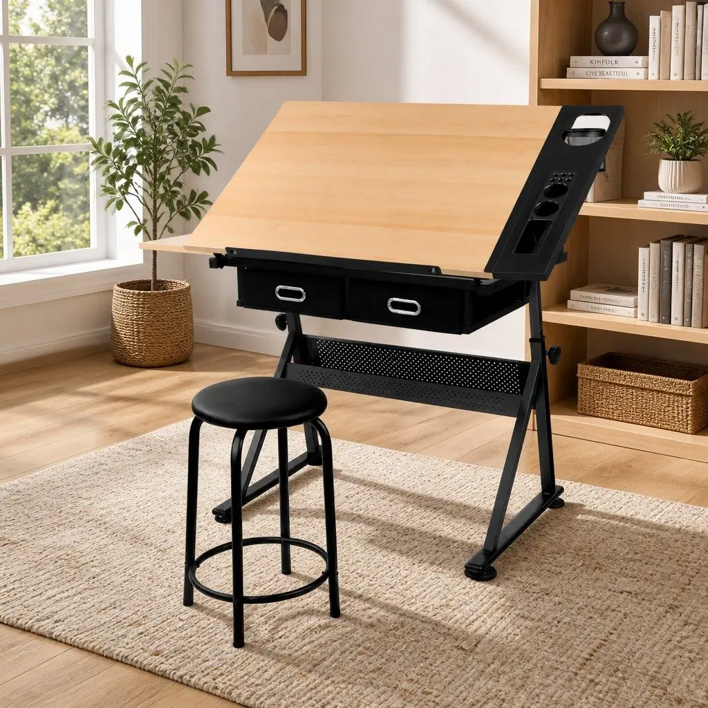 Natural Black Drafting Table with Tilt Top and Stool Set