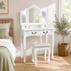 Dressing Table Stool Set Foldable Mirror Bedroom Vanity Storage Drawers White