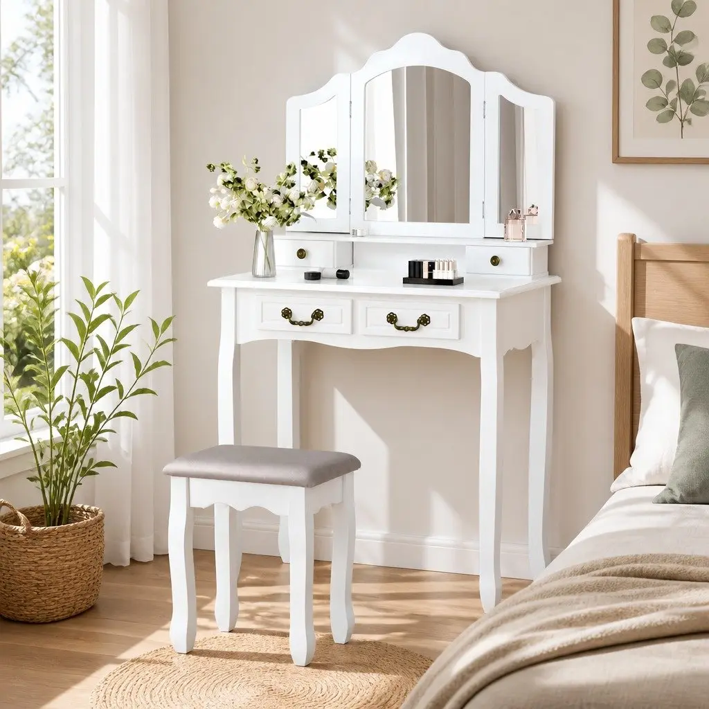 White Dressing Table Set with Mirror and Stools