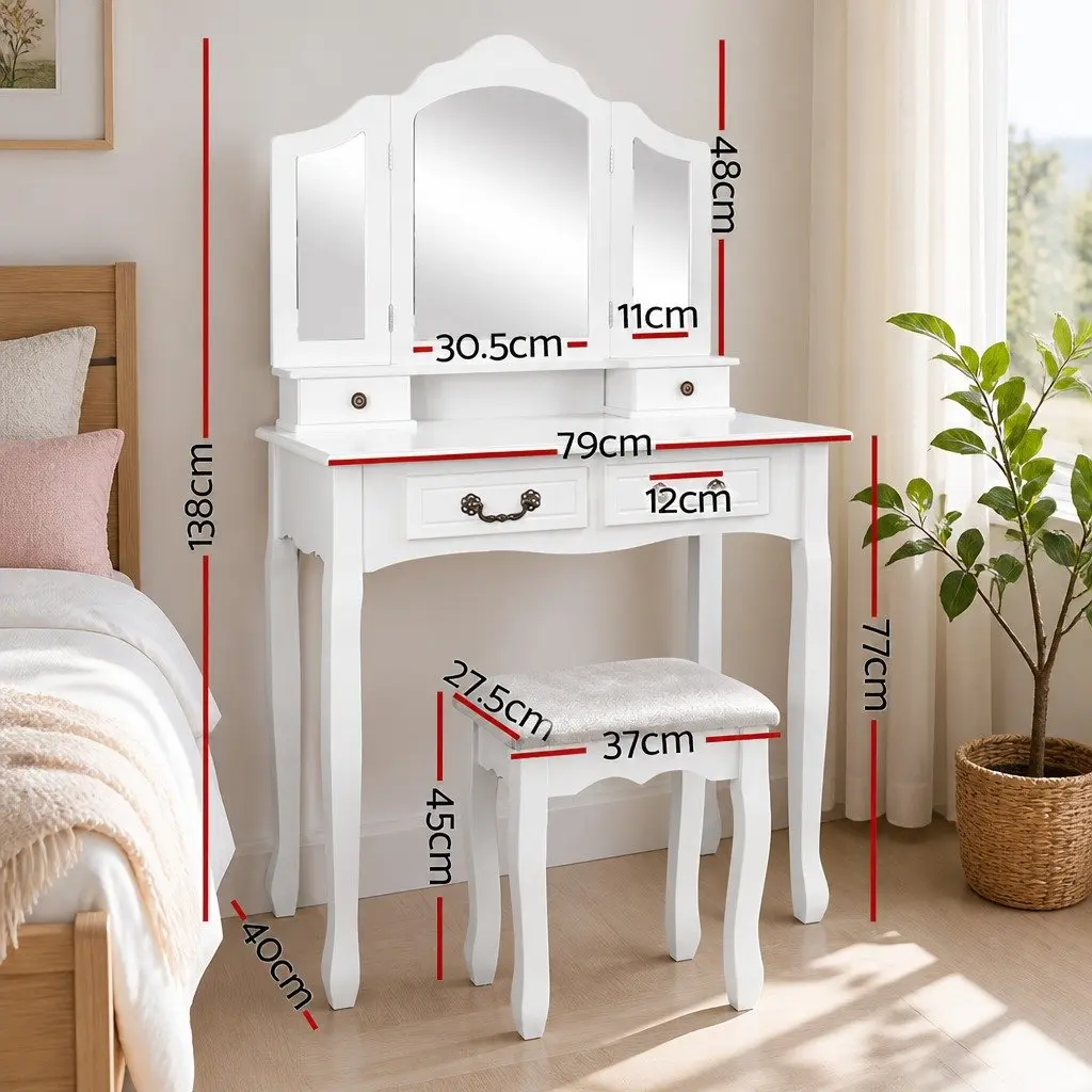 White Dressing Table Set with Mirror and Stools