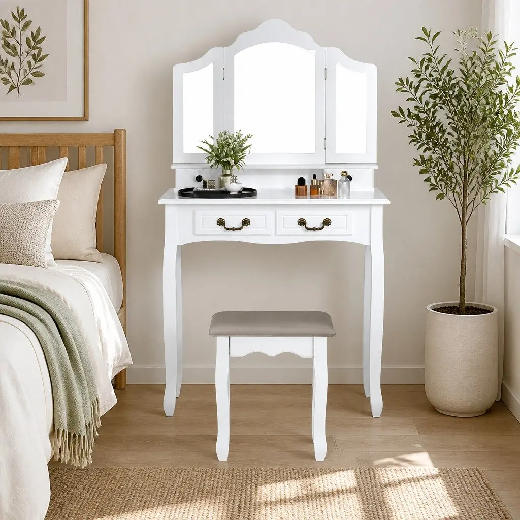 White Dressing Table Set with Mirror and Stools