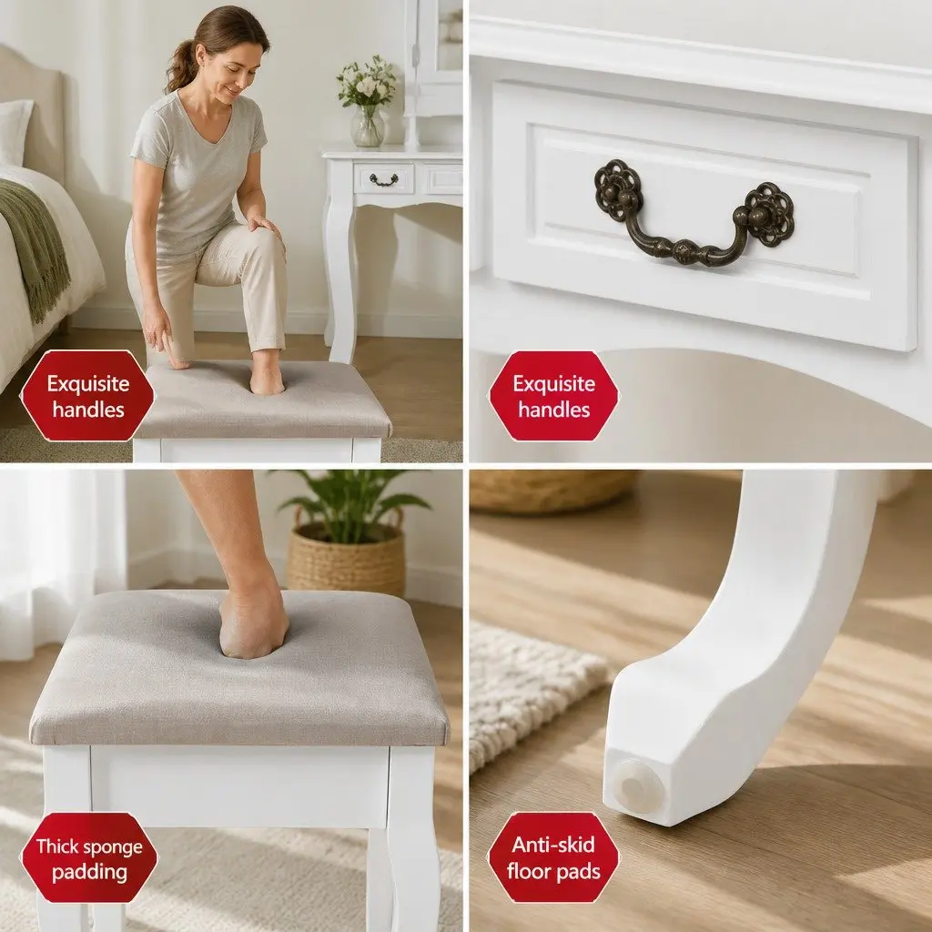 White Dressing Table Set with Mirror and Stools