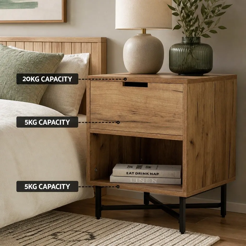 Rustic Oak Bedside Table with Drawers and Shelf