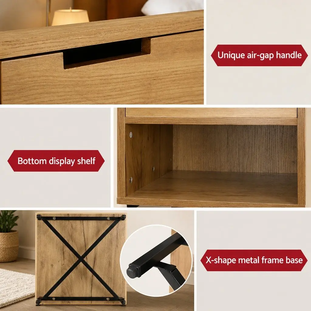 Rustic Oak Bedside Table with Drawers and Shelf