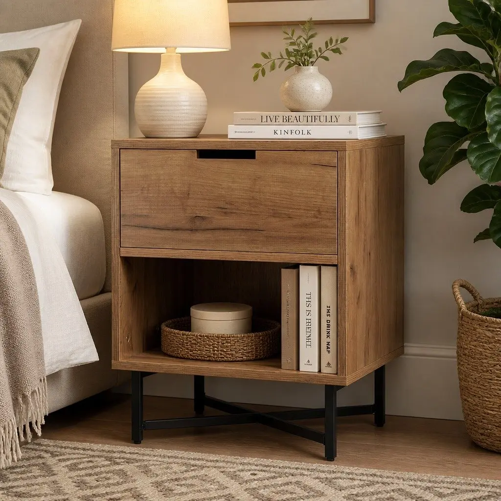 Rustic Oak Bedside Table with Drawers and Shelf
