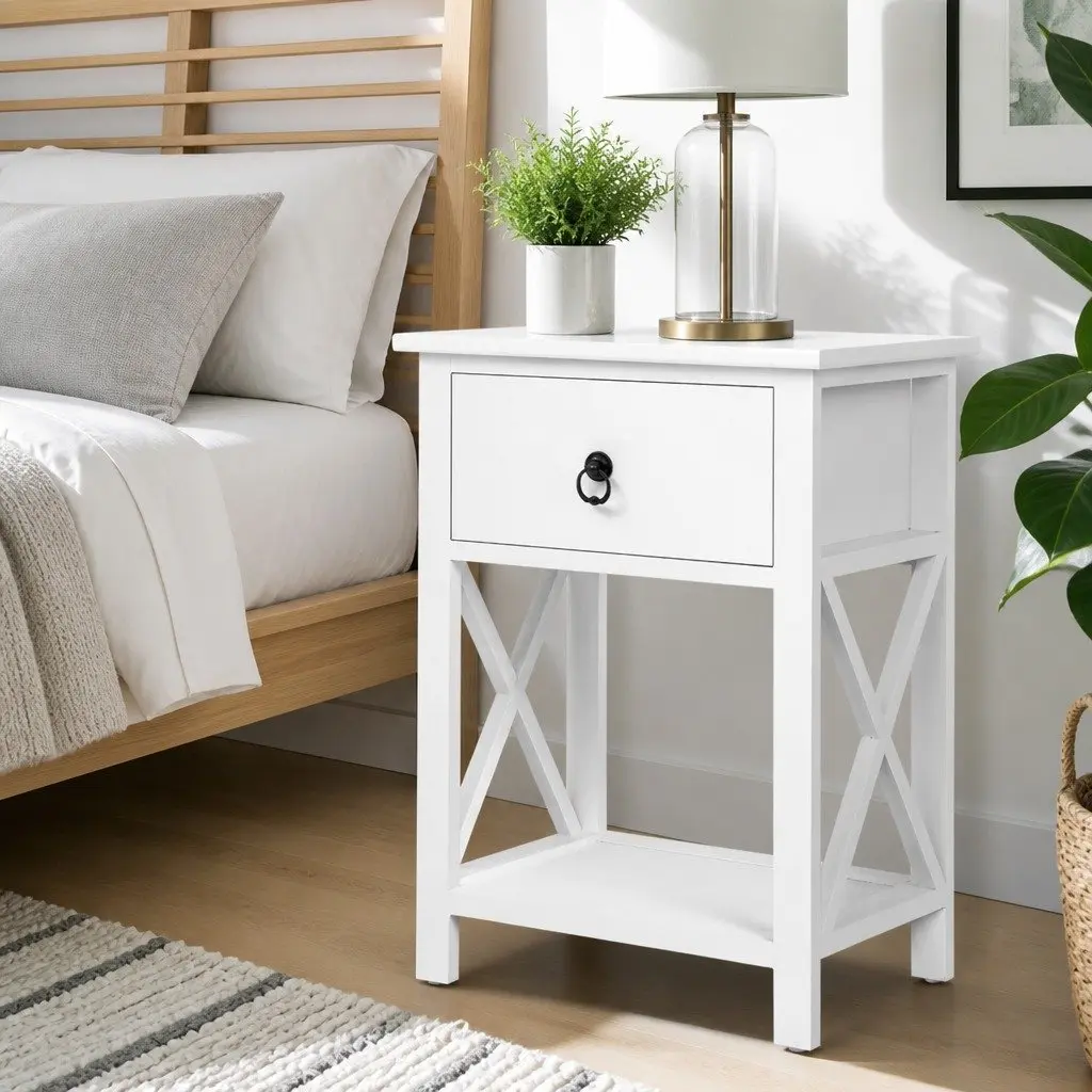 Rustic White Bedside Table with Drawer and Shelf