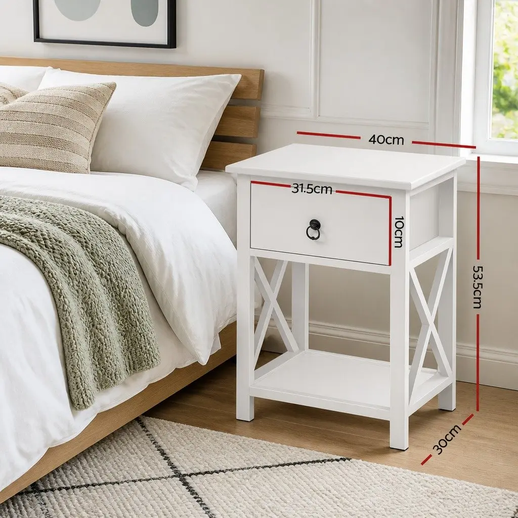 Rustic White Bedside Table with Drawer and Shelf