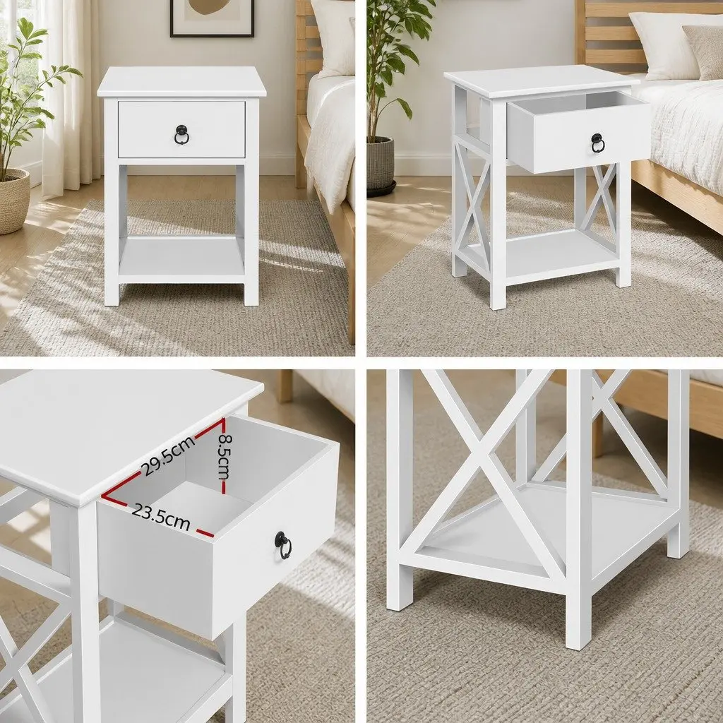 Rustic White Bedside Table with Drawer and Shelf