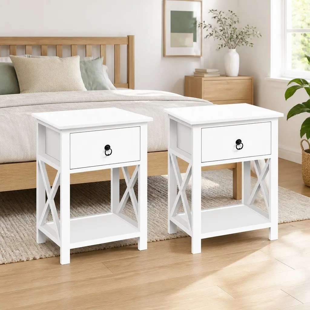 Rustic White Bedside Table with Drawer and Shelf