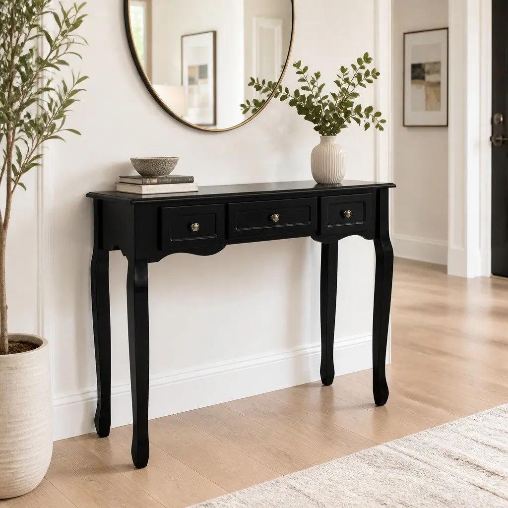French Provincial Console Table with 3 Drawers in Black