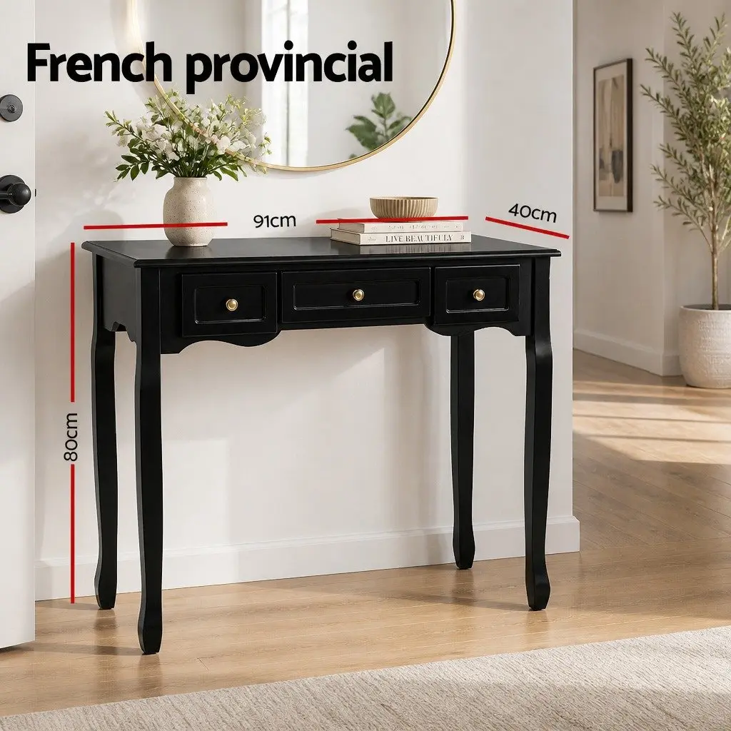 Console Table Black French Provincial 91cm MDF and Paulownia Wood 3 Drawers