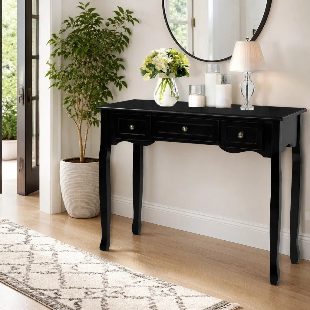 Console Table Black French Provincial 91cm MDF and Paulownia Wood 3 Drawers