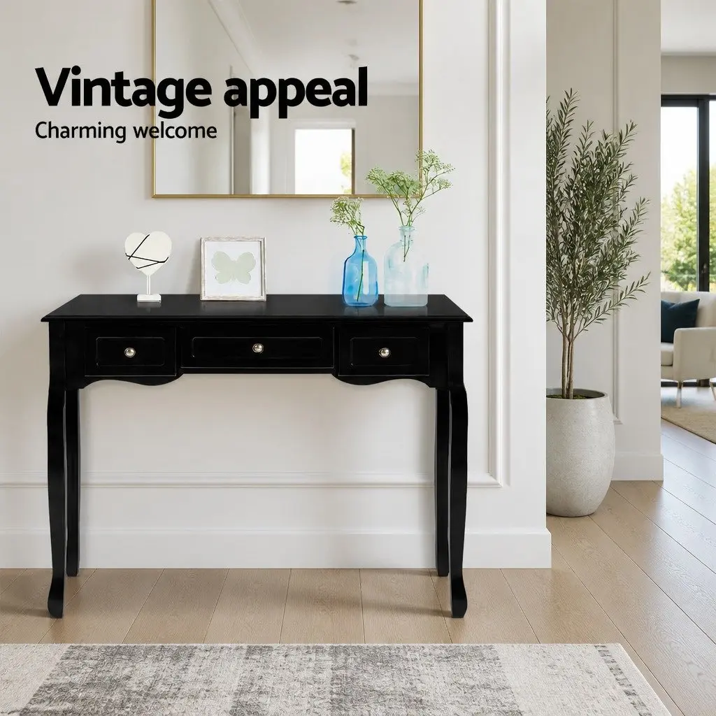 Console Table Black French Provincial 91cm MDF and Paulownia Wood 3 Drawers