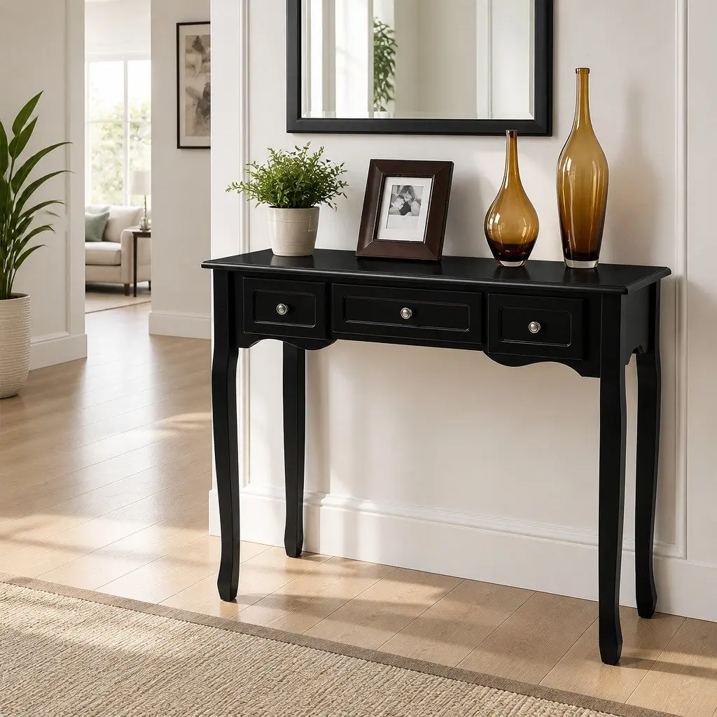 Console Table Black French Provincial 91cm MDF and Paulownia Wood 3 Drawers