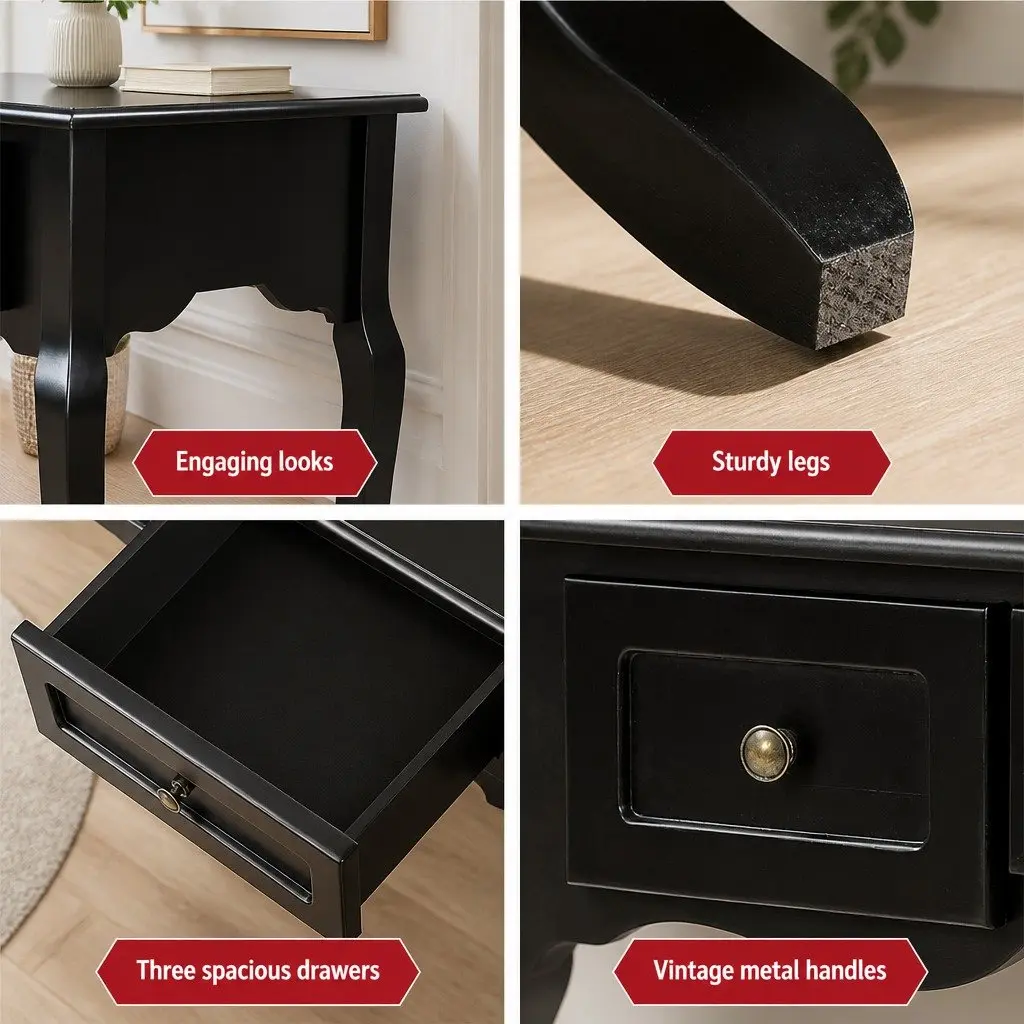 Console Table Black French Provincial 91cm MDF and Paulownia Wood 3 Drawers