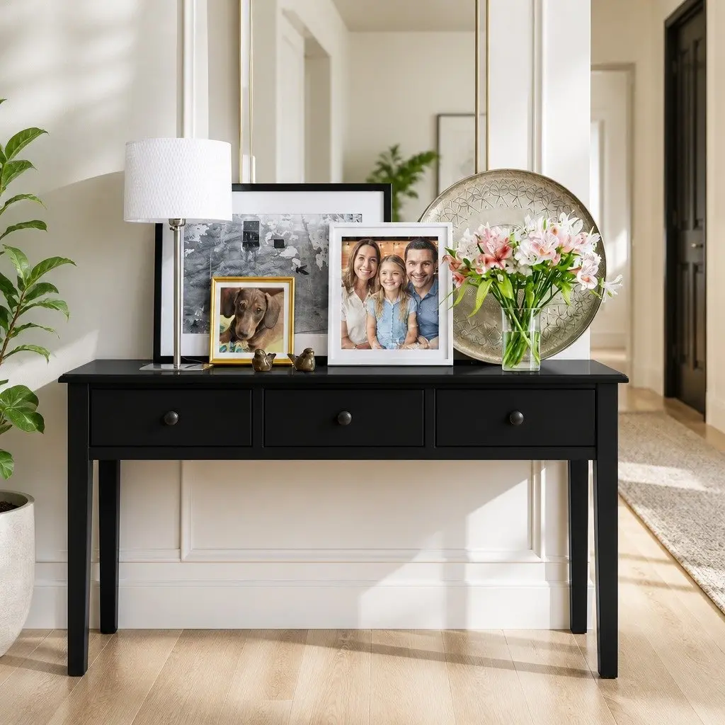 Console Table Black French Provincial 91cm MDF and Paulownia Wood 3 Drawers