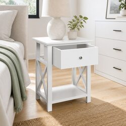Charming White Bedside Table with Drawer and Shelf