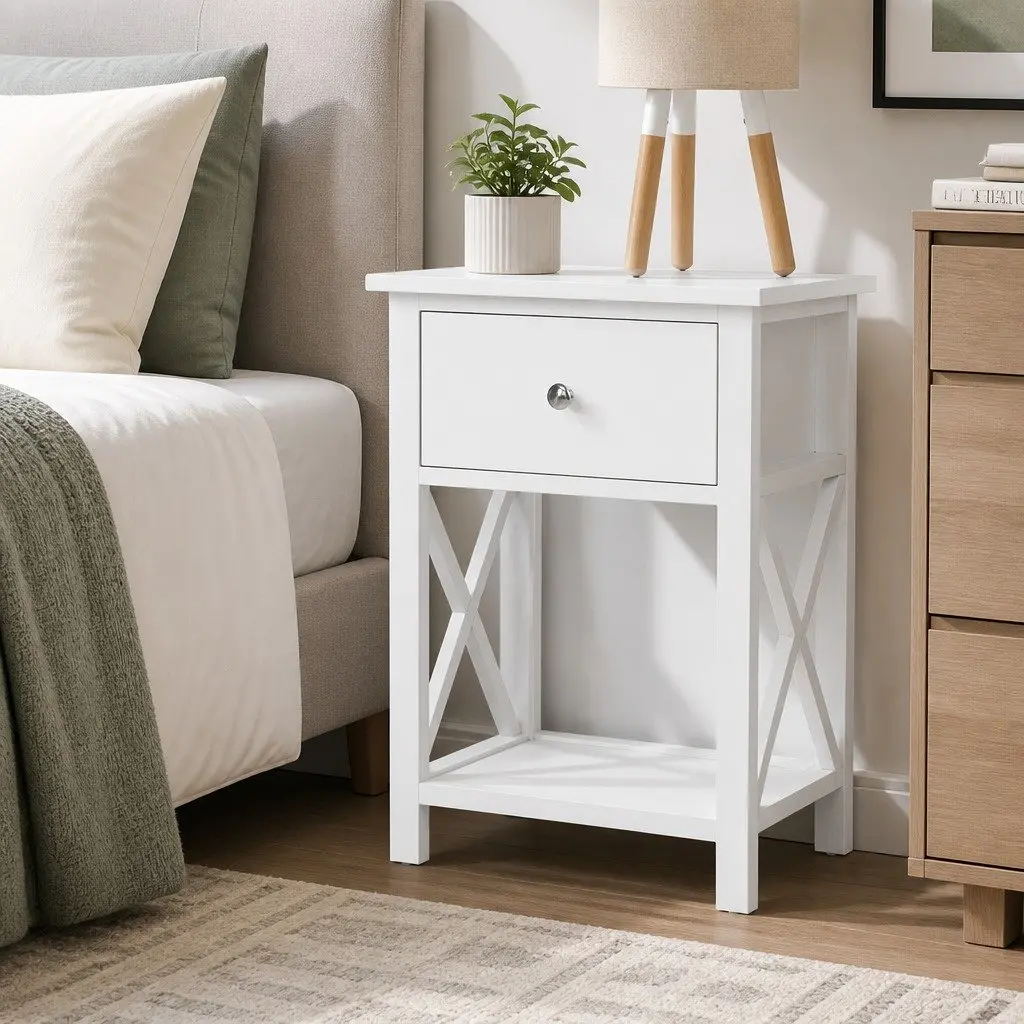 Bedside Table Rustic White 40cm Paulownia Wood and MDF with Drawer and Shelf
