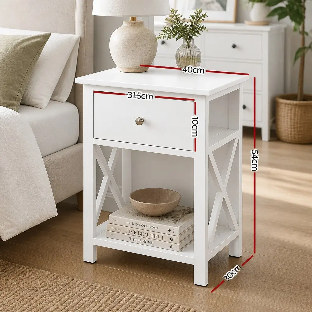 Bedside Table Rustic White 40cm Paulownia Wood and MDF with Drawer and Shelf