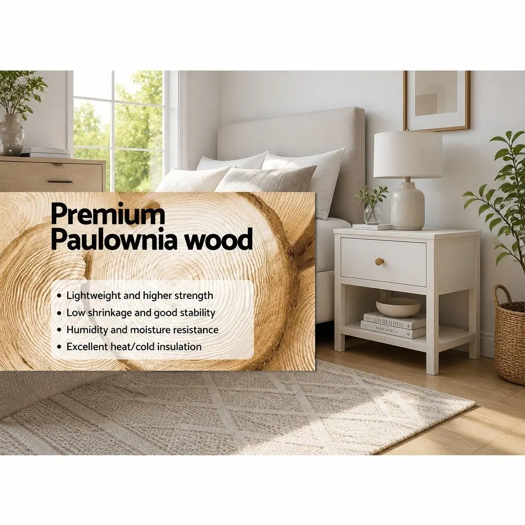 Bedside Table Rustic White 40cm Paulownia Wood and MDF with Drawer and Shelf