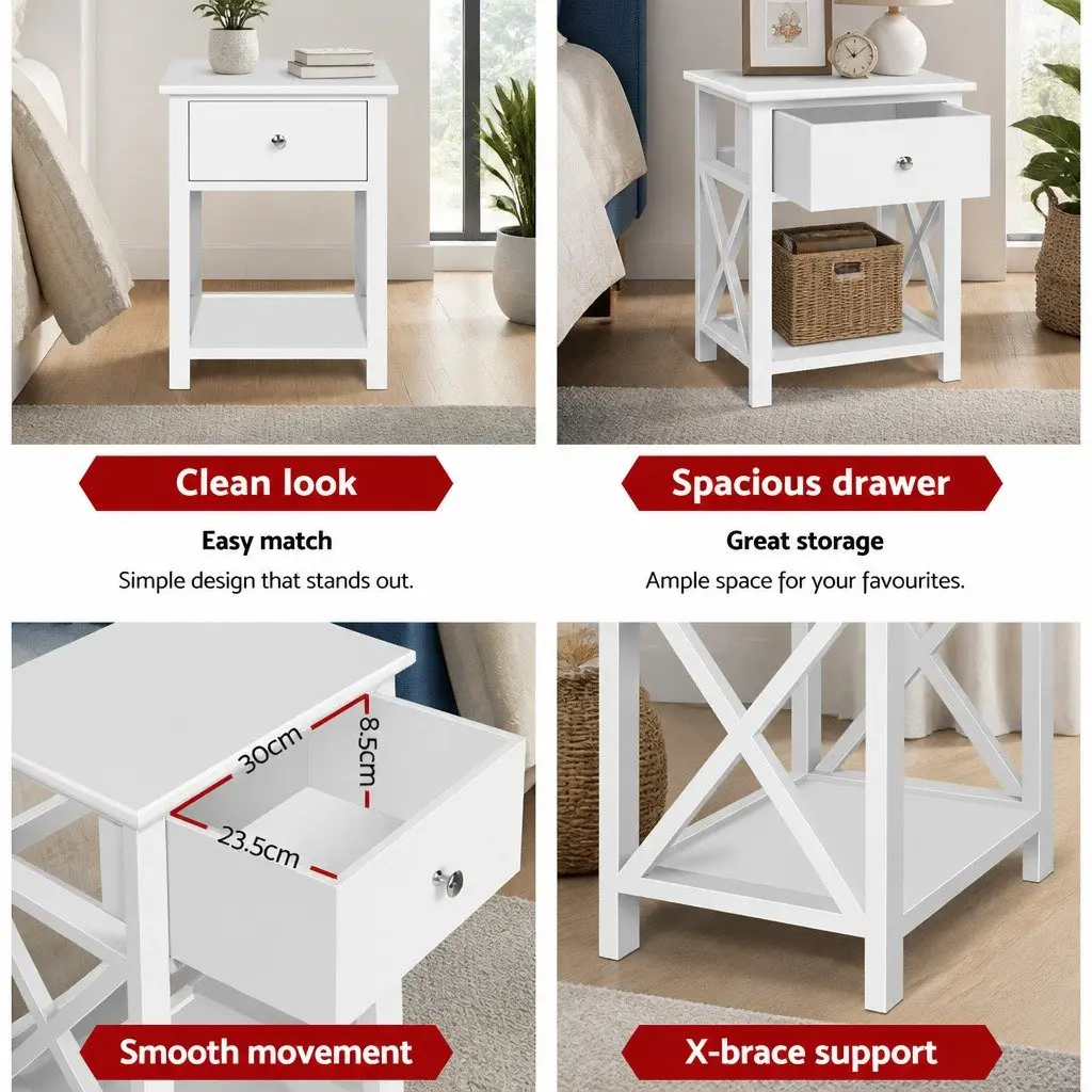 Bedside Table Rustic White 40cm Paulownia Wood and MDF with Drawer and Shelf