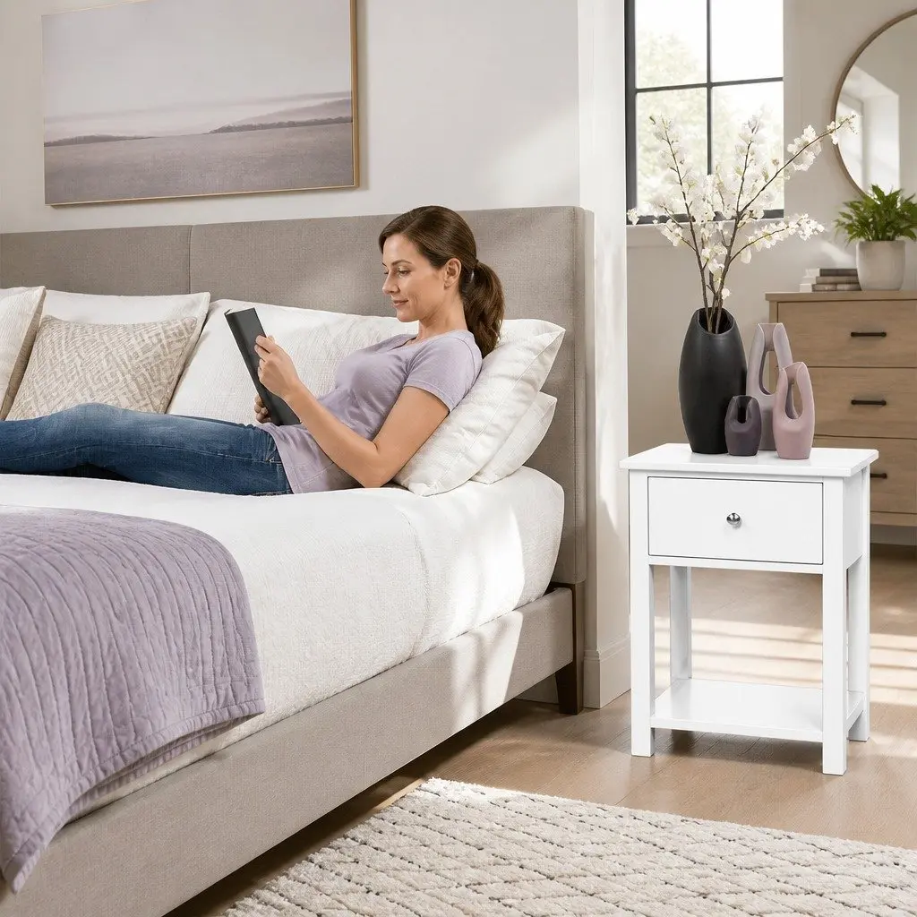 Bedside Table Rustic White 40cm Paulownia Wood and MDF with Drawer and Shelf