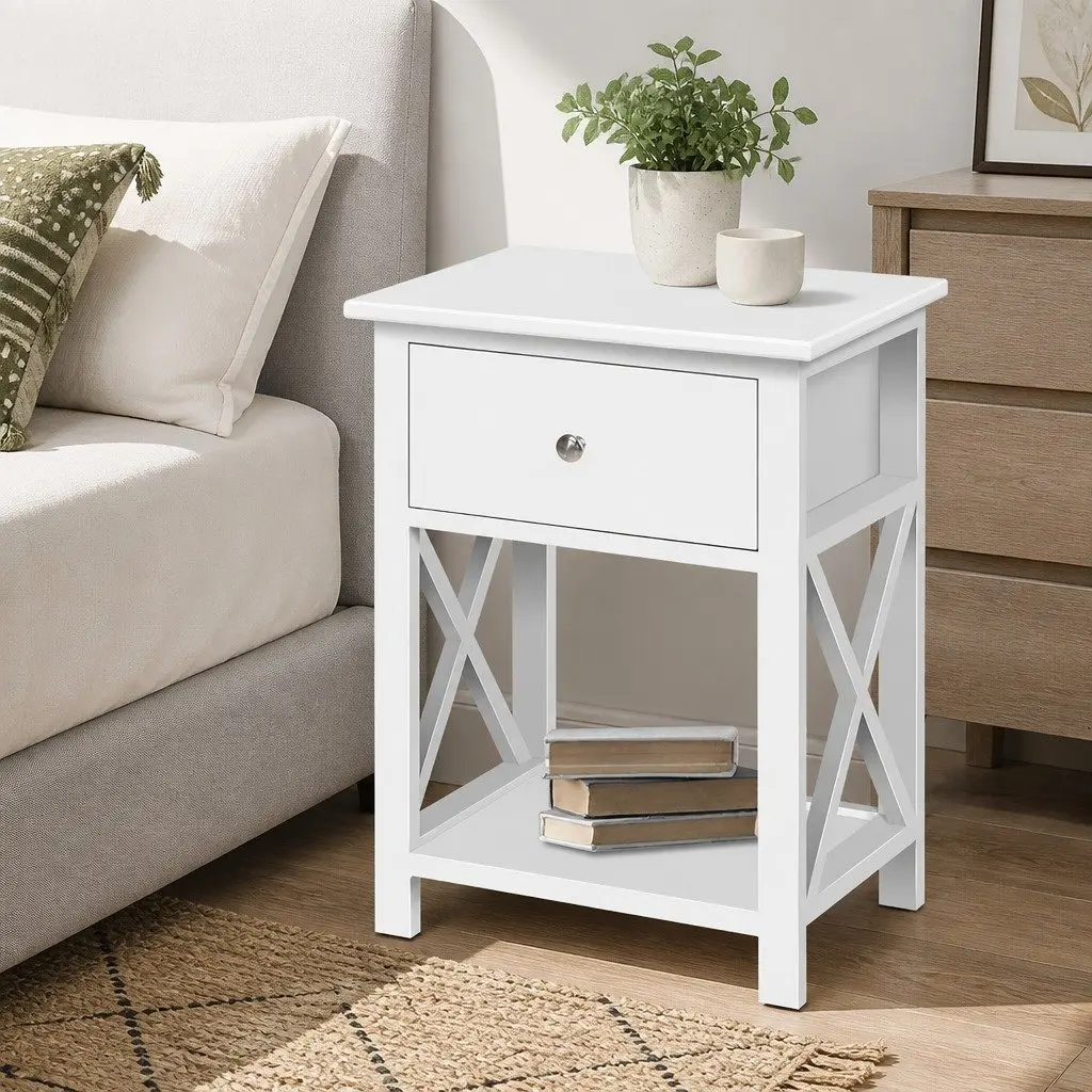 Bedside Table Rustic White 40cm Paulownia Wood and MDF with Drawer and Shelf