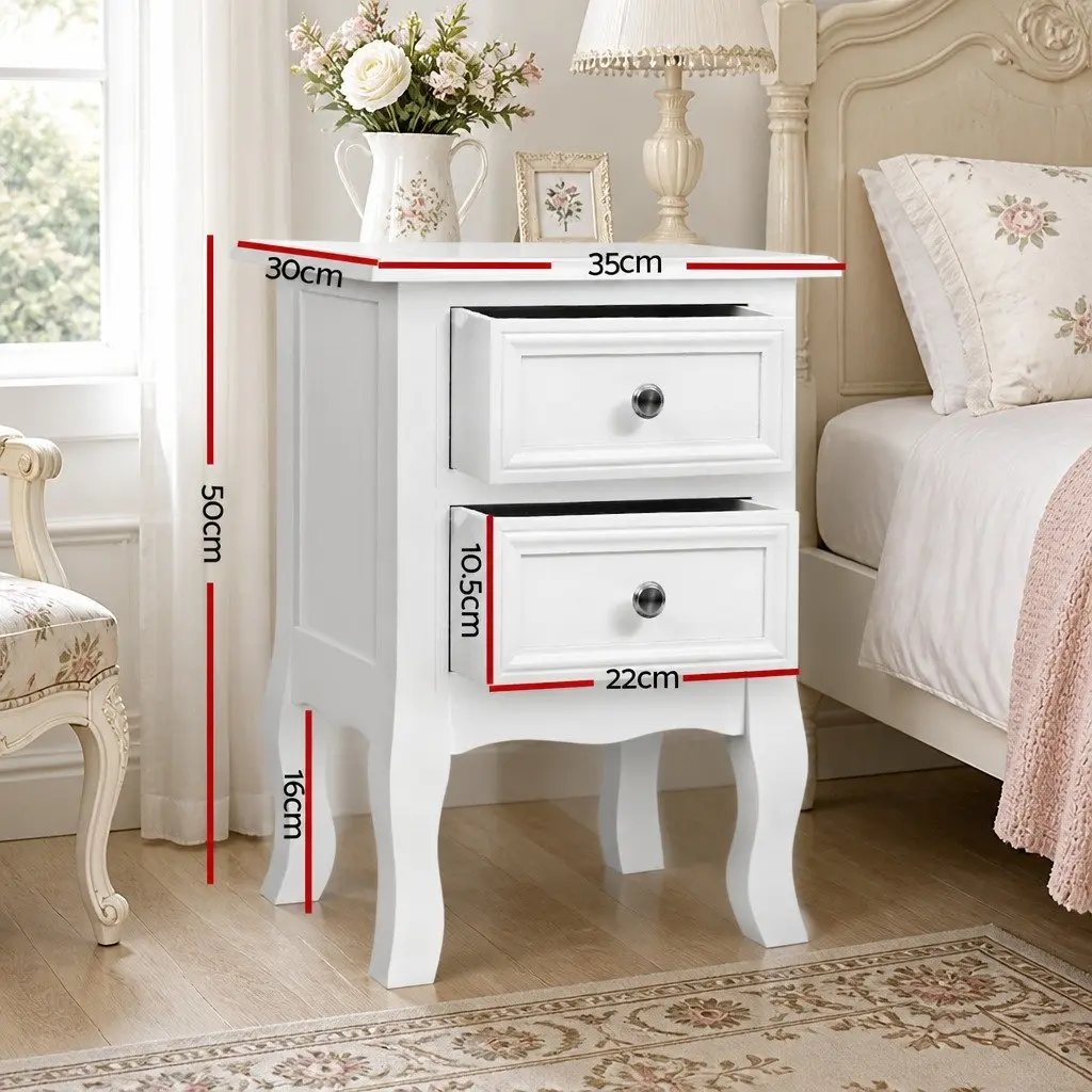 Bedside Table French Provincial White 2 Drawers Paulownia Wood MDF