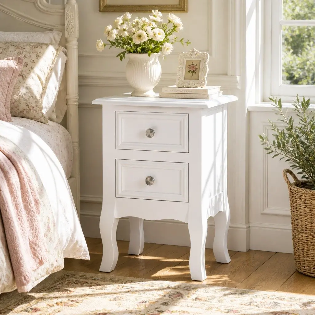 Bedside Table French Provincial White 2 Drawers Paulownia Wood MDF